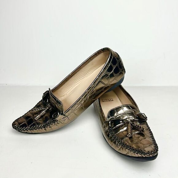 Stuart Weitzman Metallic Croc Embossed Topstitch Moccasin Loafer With Tassel 7,5 - Picture 5 of 16